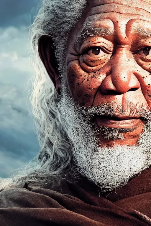 Image similar to morgan freeman starring as gandalf in lord of the rings, cybertronian, long shot, cinematography by wes anderson, 4 k octane render, intricate detail, photorealistic, cinematic lighting, artstation