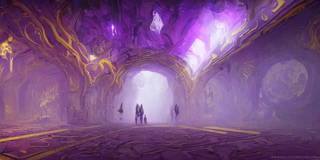 Image similar to ultrawide shot of purple marble hallway, giant gold pillars, floating purple geometric shapes, concept art, anato finnstark style,