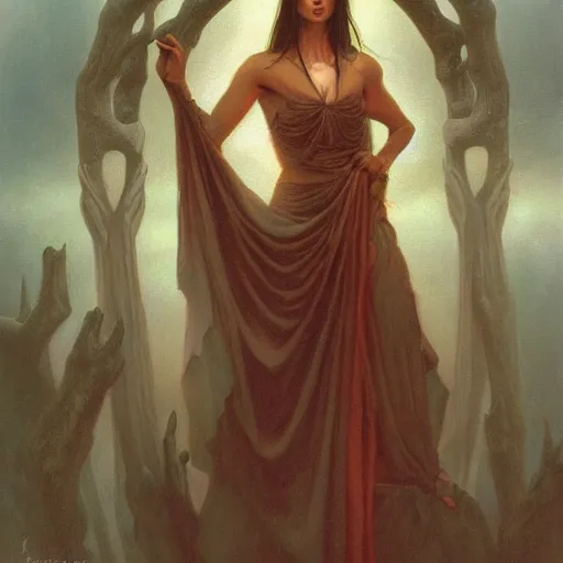 Prompt: mystic female in the mist by Gerald Brom, masterpiece