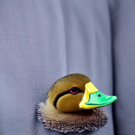 Image similar to A high detail closeup shot of a duck wearing a suit