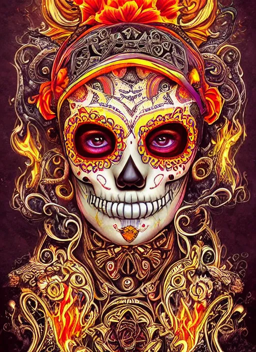 Image similar to portrait of a sugar skull, flaming eyes, intricate, highly detailed, smooth, digital illustration, the dark and quirky art of scott radke