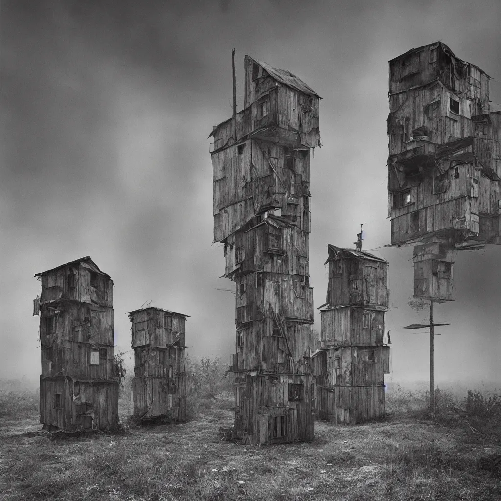 Image similar to two towers, made up of makeshift squatter shacks, misty, dystopia, mamiya rb 6 7, fully frontal view, very detailed, photographed by ansel adams