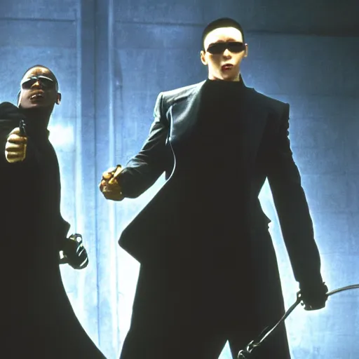 Image similar to Morpheus and Neo from The Matrix fighting the android from I, Robot, HD movie screenshot, promotional still, ultra high definition, detailed, 4k movie