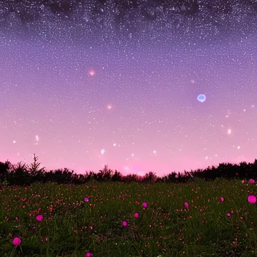 Image similar to field of tall beautiful luminescent pink and blue mycena fungi, emitting spore clouds, midnight, huge golden moon with small craters visible in night sky, hyperrealistic, detailed, soft lighting, fireflies