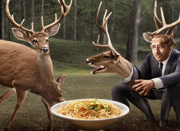 Image similar to a very high resolution image from a new movie, two deer wearing suits are eat instant noodles in a shabby temple