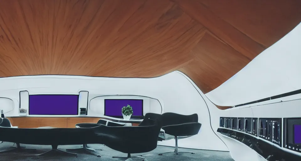 Image similar to Film still of the bridge of a space ship, stars and nebula outside, huge viewscreen at front, control panels, dark walnut wood effect, pot plants, organic, white leather, high end interior, soft warm light, purple highlights, simple ceiling, soft edges, calm feeling, Cinestill colour cinematography, anamorphic, detailed, 4k, 8k, intricate, digital art, matte painting