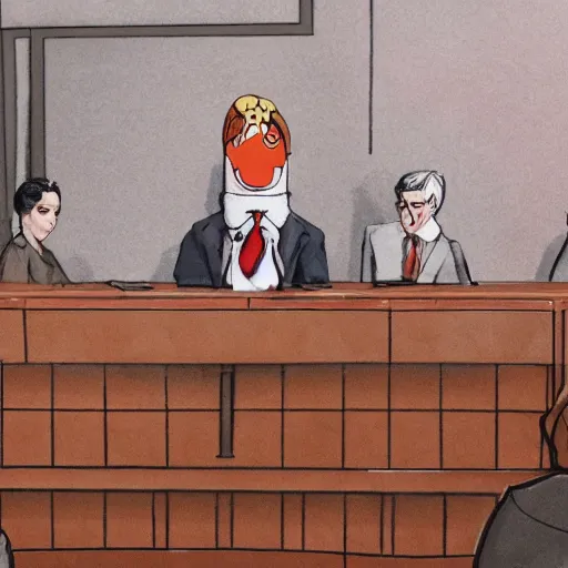 Image similar to sentient hot dog in courtroom trial, anime style, 4k, detailed, jury of condiments, suits and hats, volumetric lighting