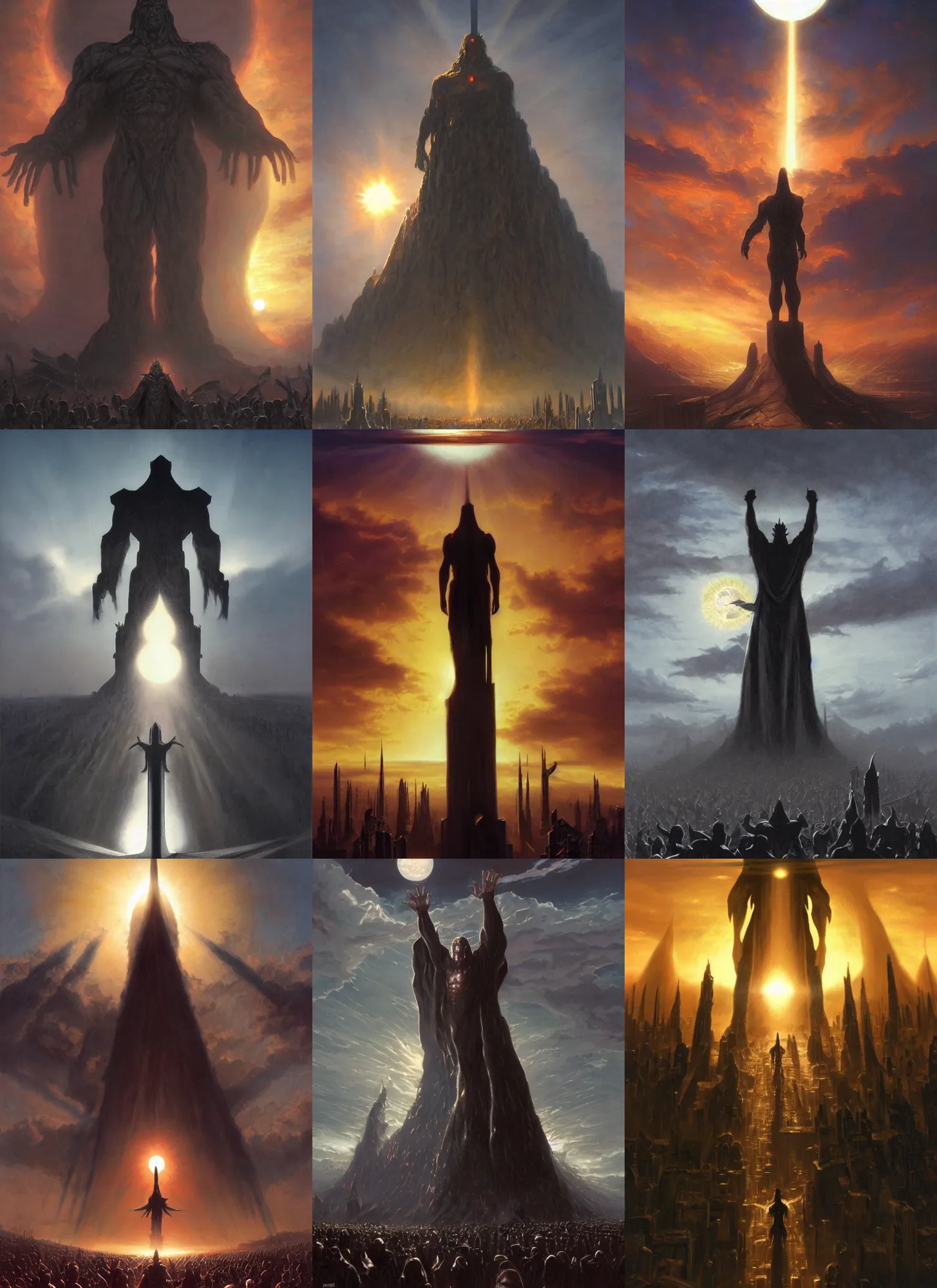 Prompt: the colossal silhouette of the unmaker stands in front of the sun as the masses kneel before him in hope of salvation, end of the world, year 5 0 0 0, ominous, haunting, concept art, trending on artstation, by ted nasmith, ralph horsley, james gurney, jim burns
