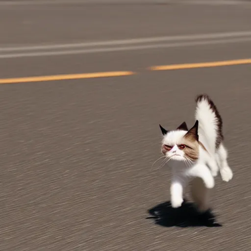 Image similar to photo of hyperspeed flying through outer space, blurry grumpy cat running fast with motion blur