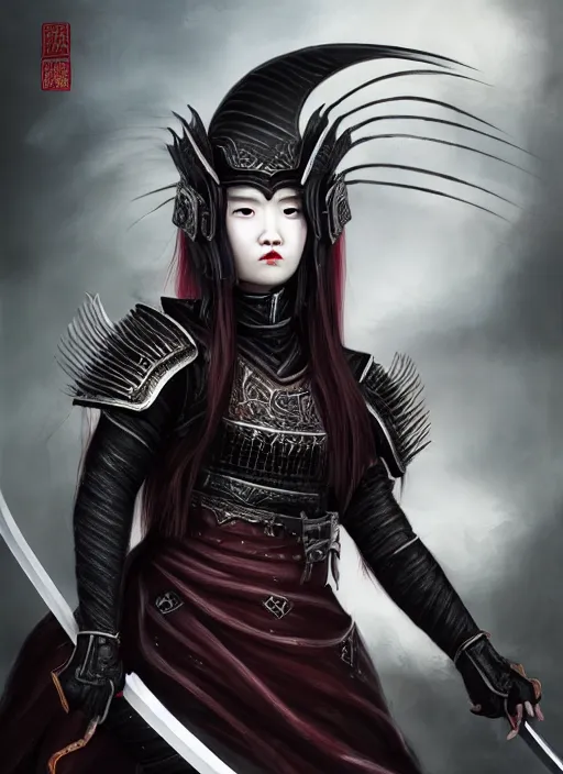 Prompt: full portrait of female vampire jinyiwei wearing black heavy armor and pointed helmet, agile, absurdly beautiful, facial scar, imposing, jinyiwei, embroidered uniform guard, secret agent, detective, chinese armor, historical armor, pointed helmet, katana, nodachi, japanese sword, ming dynasty, detailed, realistic face, anatomically accurate, fantasy art.