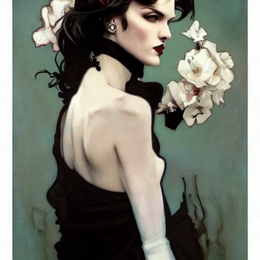 Prompt: beautiful portrait of androgynous ruby rose as desire from sandman in a white tuxedo!!!, rockabilly style, by alphonse mucha, cedric peyravernay, by jeremy mann, by frank moth, white suit and black tie, soft lightning, high detailed, 8 k