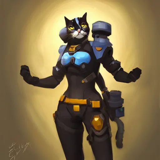 Image similar to greg manchess portrait painting of partially armored purrfect protagonist cat as overwatch character, medium shot, asymmetrical, profile picture, organic painting, sunny day, matte painting, bold shapes, hard edges, street art, trending on artstation, by huang guangjian and gil elvgren and sachin teng