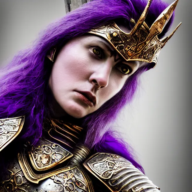 Image similar to photo of a beautiful strong warrior queen wearing amethyst encrusted armour, highly detailed, 4 k, hdr, smooth, sharp focus, high resolution, award - winning photo