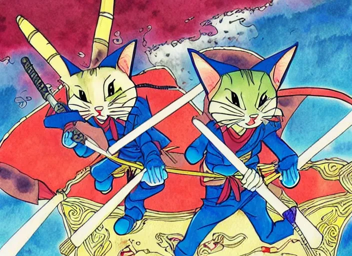 Image similar to samurai pizza cats, ink and watercolor illustration masterpiece, perfectly realistic yet surreal, by ryan ottley and mœbius