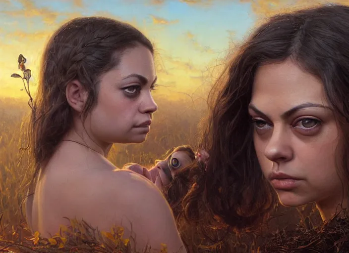 Image similar to big-eyed surprised Mila Kunis staring intensely into the camera, sundown golden hour firefly wisps, Lilia Alvarado, Sophie Anderson, Mark Arian, Bob Byerley, Charlie Bowater, Mark Brooks, Steve Henderson, Justin Gerard, Arthur Hughes, Edward Robert Hughes, Mark Keathley, Victor Nizovtsev, Carlos Shwabe, Ross Tran, WLOP