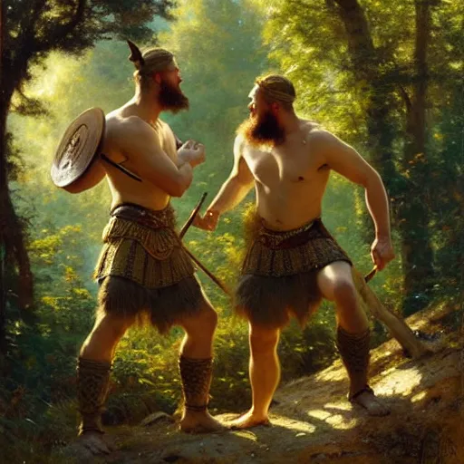 Prompt: 2 attractive male vikings frolicking in the forest. highly detailed painting by gaston bussiere, craig mullins, j. c. leyendecker, 8 k