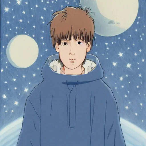 Prompt: Portrait of Spirited away dark blonde hair guy with blue eyes in space