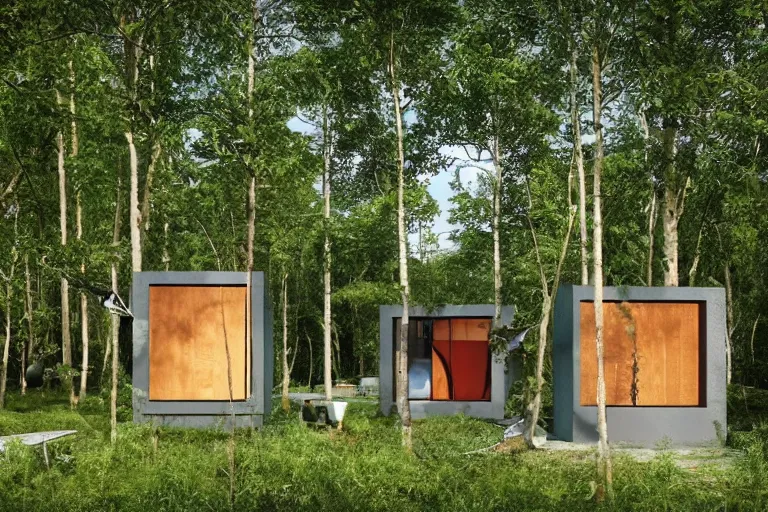 Image similar to A unique innovative and creative eco community of small affordable and contemporary creative cabins in a lush green forest with soft rounded corners and angles, 3D printed line texture, made of cement, connected by sidewalks, public space, and a park, Design and style by Zaha Hadid, Wes Anderson and Gucci