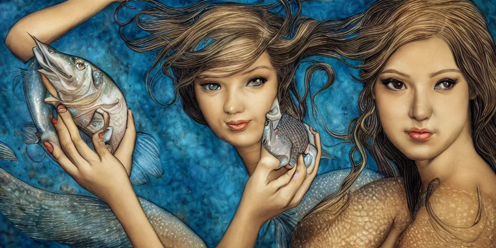 Prompt: realistic portrait of beautiful siren with her fish, golden, delicate, facing camera, hyper realism, 1 4 5 0, ink, ultra realistic, 8 k