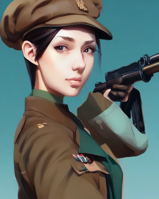 Image similar to young woman with shoulder length light brown hair and hazel eyes dressed in a sharp dark teal military uniform and beret, anime, ilya kuvshinov, greg rutkowski, guweiz, ross tran, loish, svetlana tigai, artgerm, artstation trending, concept art, digital painting