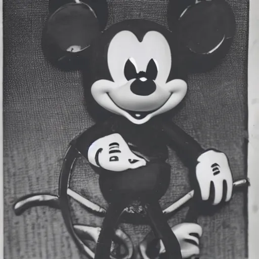 Prompt: vintage 1 9 3 0 s mickey mouse devouring a bloody fish