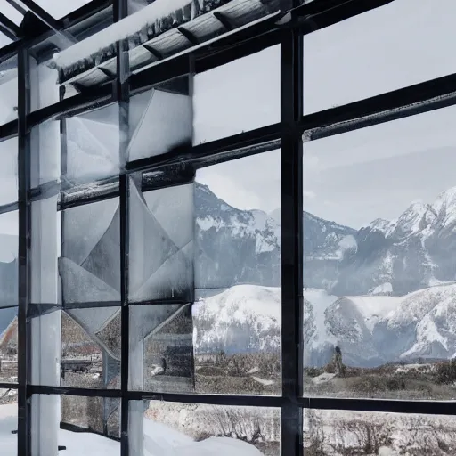 Prompt: Interior of a building with large windows in which you can see snow-capped mountains, highly detailed, sharp focus