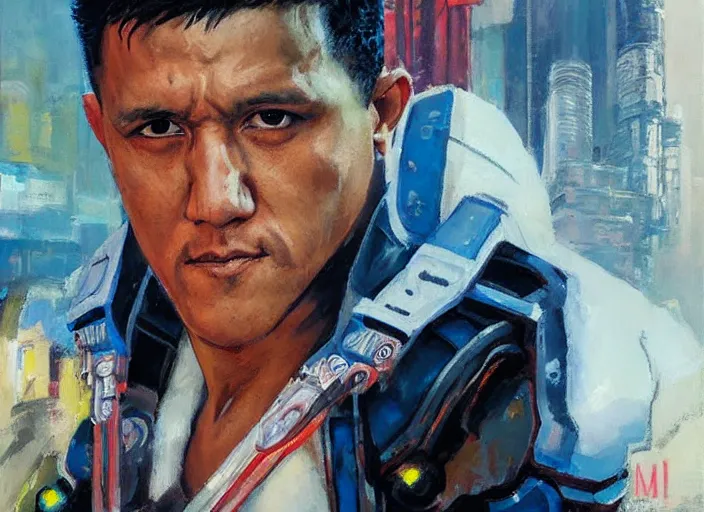 Image similar to a highly detailed beautiful portrait of alexis sanchez cyberpunk, by gregory manchess, james gurney, james jean