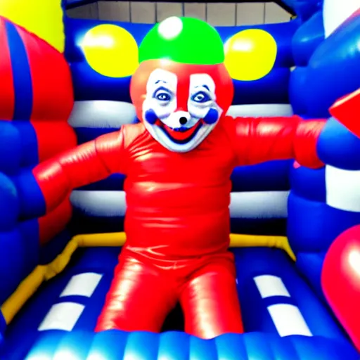 Image similar to photo of chased by a creepy clown in infinite corridors made of bouncy castle,