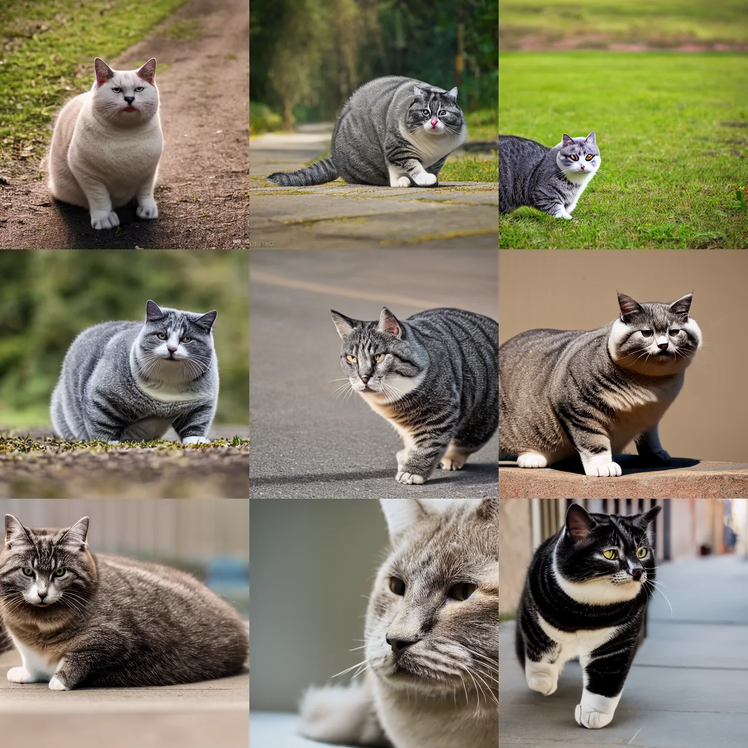 Prompt: Chonker Cat, oh lawd he coming, obese, professional photo, different full body view, XF IQ4, 150MP, 50mm, F1.4, ISO 200, 1/160s, natural light