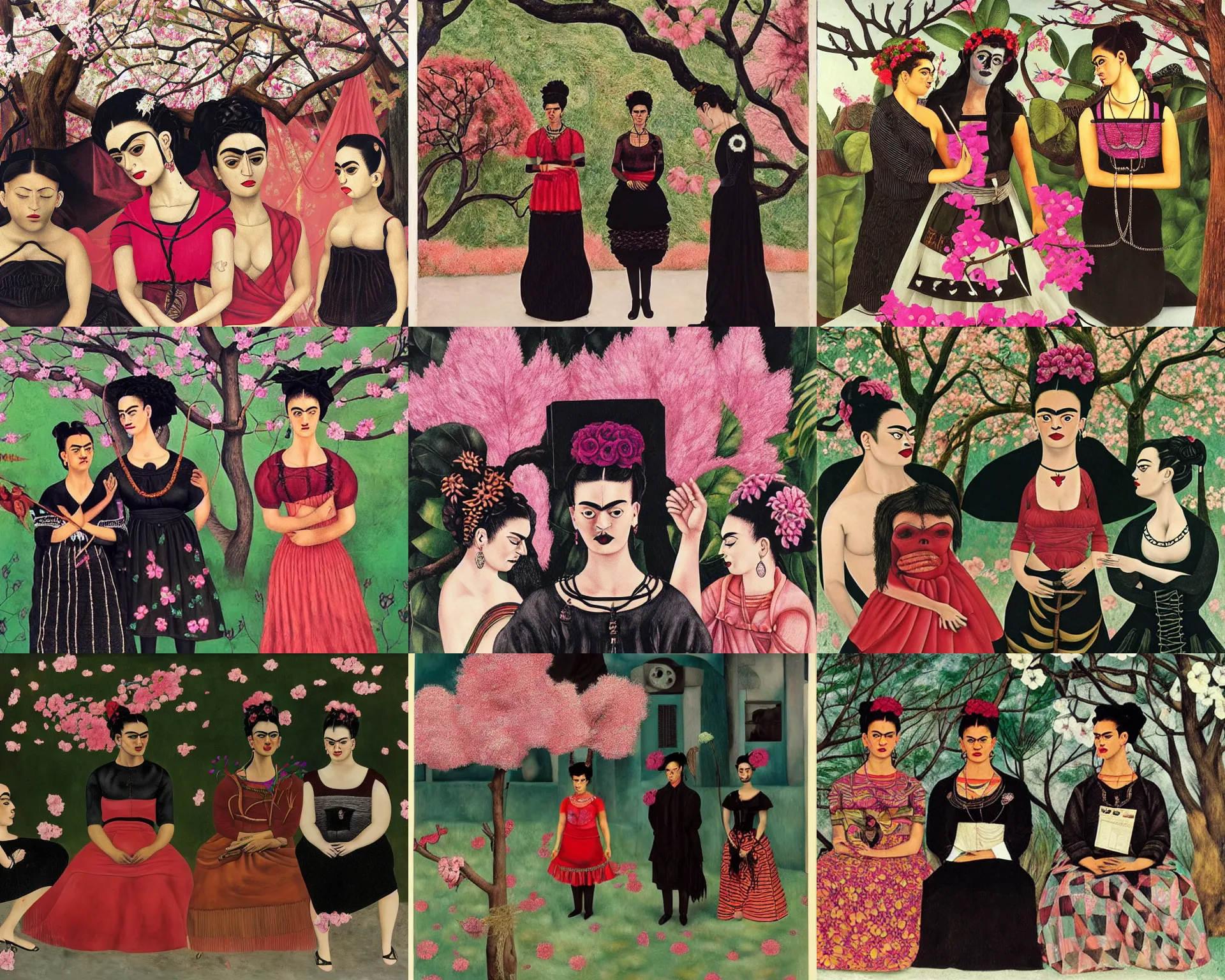 Prompt: art by frida kahlo. three goths loitering in the shade, talking beneath a cherry blossom outside a blockbuster video store.