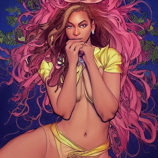 Image similar to beyonce perfect coloring, low saturation, epic composition, masterpiece, bold complimentary colors. stunning masterfully illustrated by artgerm, range murata, alphonse mucha, katsuhiro otomo