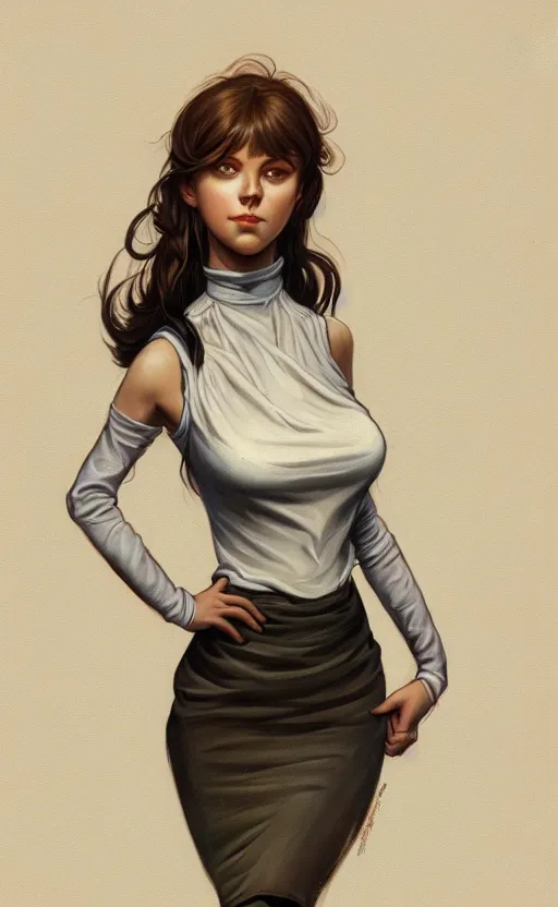 Image similar to portrait of a full body of beautiful young female secretary, d & d, sleeveless turtleneck, pencil skirt, fantasy, flat lighting, intricate, highly detailed, digital painting, artstation, concept art, smooth, sharp focus, illustration, art by simon bisley and greg rutkowski and alphonse mucha, natural tpose