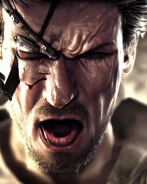 Image similar to solid snake portrait, cinematic lighting, anguished crying screaming yelling, mouth open, black atmospheric background, 4 k photography hdr