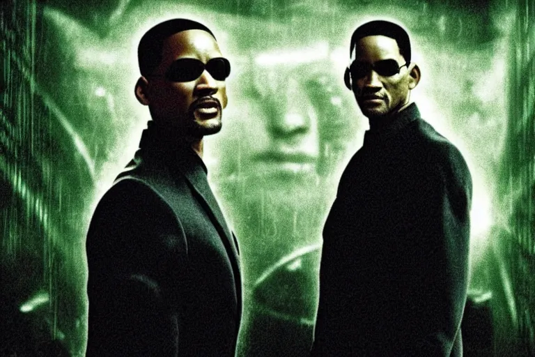 Prompt: will smith as a character from the matrix, cinematic, movie still, dramatic lighting, matrix code,!! by bill henson!!, green color theme, 1 6 : 9 ratio