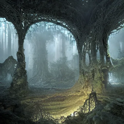 Prompt: biocomputer organs inside a bioneural antique lace in a biomechanical cave forest, epic environment, matte painting, diffused lighting, highly detailed cinematic, epic atmosphere, diffused lighting, highly detailed digital art, trending on artstation, depth of field, wide angle