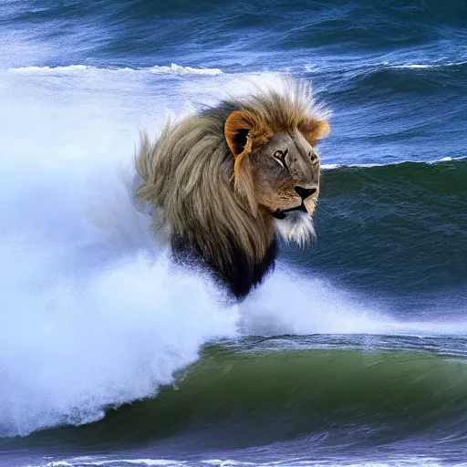 Image similar to a lion's face breaching through a wave, stormy weather