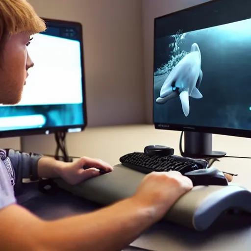 Prompt: A dolphin Twitch streaming playing video games on a computer