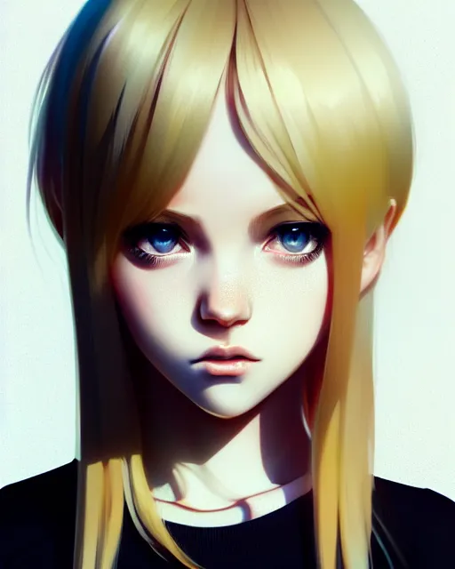 Image similar to really cool up close portrait of a beautiful blonde english emo girl in tshirt, by saruei and guweiz and ilya kuvshinov and rockwell and warhol and range murata!!, magic art, sleek curves, intricate sharp focus, trending on artstation hq, deviantart, pinterest, unreal engine 5, 4 k uhd image