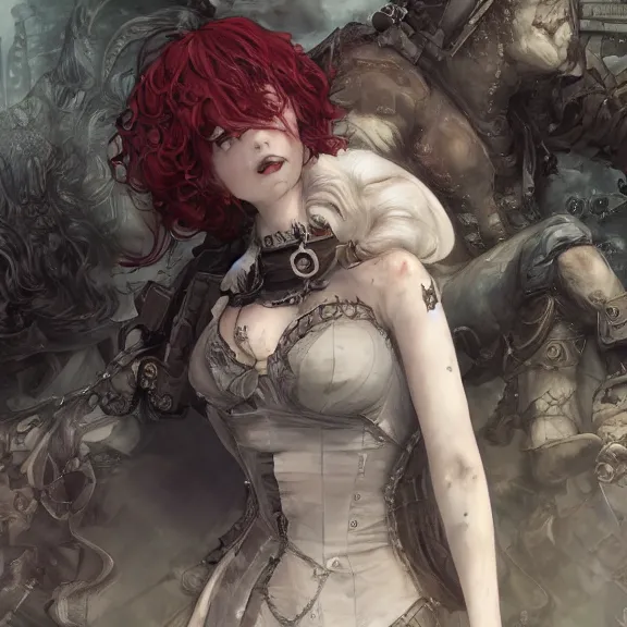 Image similar to christina hendricks!!!!! goth!!!!!, tankoban, 4 k, tone mapping, akihiko yoshida, james jean andrei riabovitchev marc simonetti, yoshitaka amano, long hair, curly, h. hydrochaeri