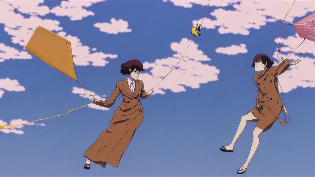 Image similar to a woman wearing a brown dress suit and a pigeon mask surfing on a kite the air in Tokyo, anime film still from the an anime directed by Katsuhiro Otomo with art direction by Salvador Dalí, wide lens