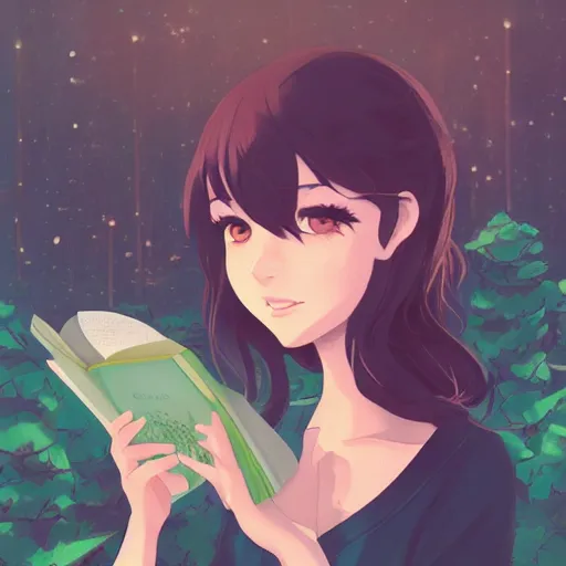 Prompt: a beautiful woman with long dark brown hair and green eyes, sitting while reading a book, cozy cafe background, ambient lighting, 4k, anime key visual, lois van baarle, ilya kuvshinov, rossdraws, artstation