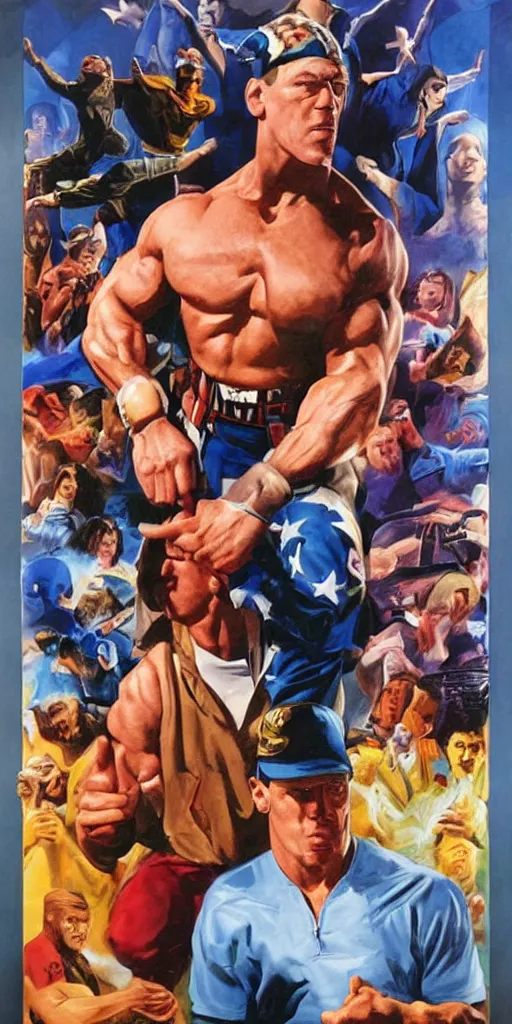 Image similar to The Peacemaker TV Show promo poster featuring John Cena as PeaceMaker and Eagly by Alex Ross, oil painting