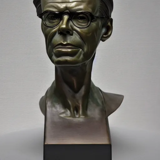 Prompt: A luminous bronze bust of Aldous Huxley.