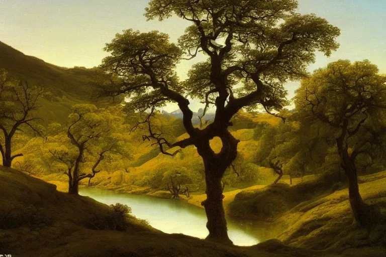 Image similar to masterpiece painting of oak trees on a hillside overlooking a creek, dramatic lighting, by william dyce