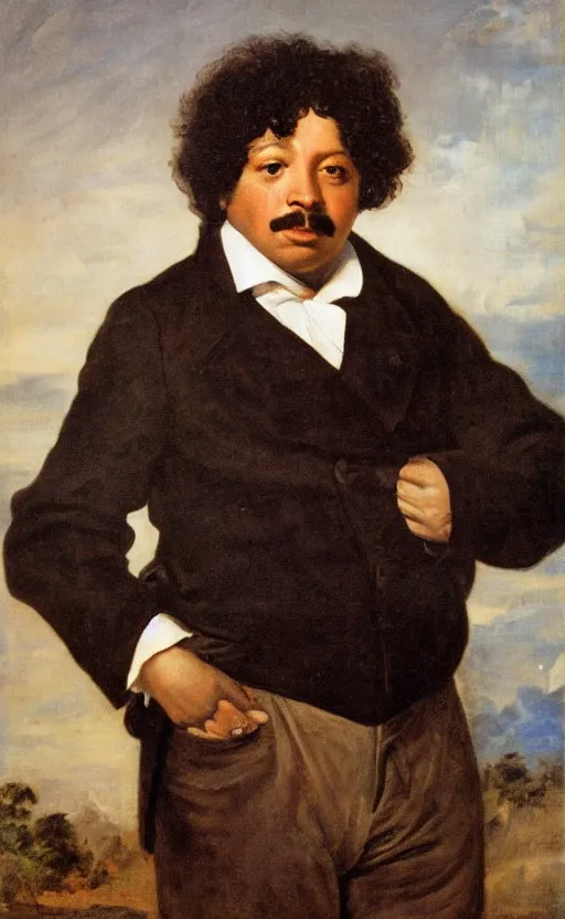 Image similar to Portrait of Alexandre Dumas, oil on canvas, highly detailed, by Delacroix, 8k