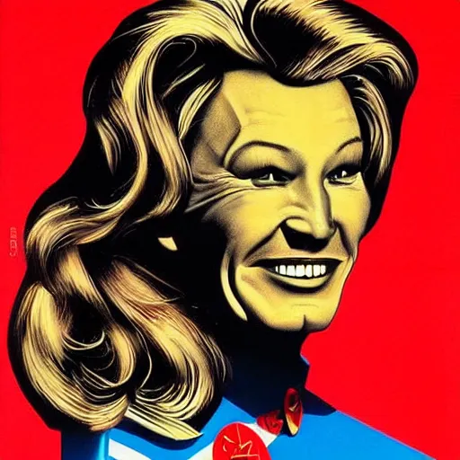 Prompt: handsome, jocelyn wildenstein, pop art poster, soviet propaganda poster, vivid colors, cartoon, long chin, big smile