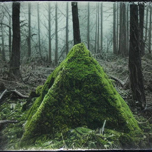 Image similar to a mossy rock pyramid in the middle of a forest clearing, foggy, eerie, creepy, unsettling, lost footage, old polaroid, expired film,