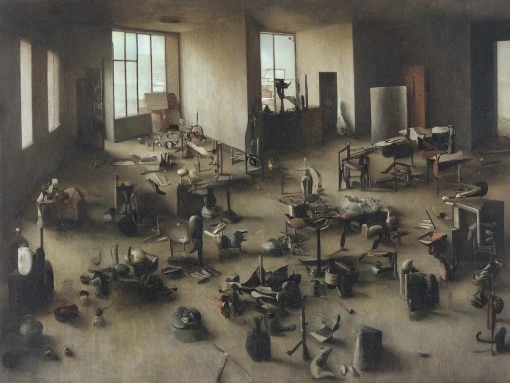 Prompt: Brutalist interior of an crazy imaginative sculptor studio. Painting by Vilhelm Hammershoi, Yves Tanguy