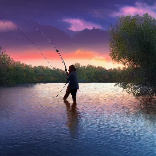 Prompt: a girl fishing at a river at sunset, digital artwork