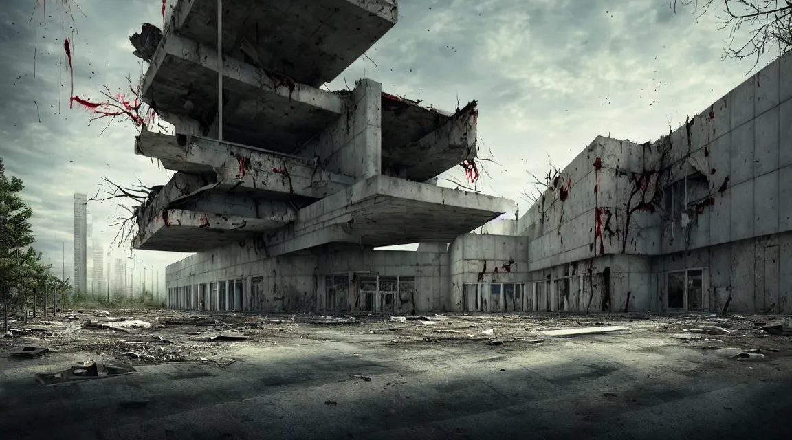 Image similar to post apocalyptic hospital building, featuring a big grey alien walking, morning, building, avenue, modern contemporary urban americana concrete architecture, by pascal blanche, neil blevins, apocalyptic color palette, trending on artstation, photorealistic, wilderness ambiance, ultra detailed, high definition, depth of field, bokeh, rubble, wild vegetation, blood stains, building crumbling